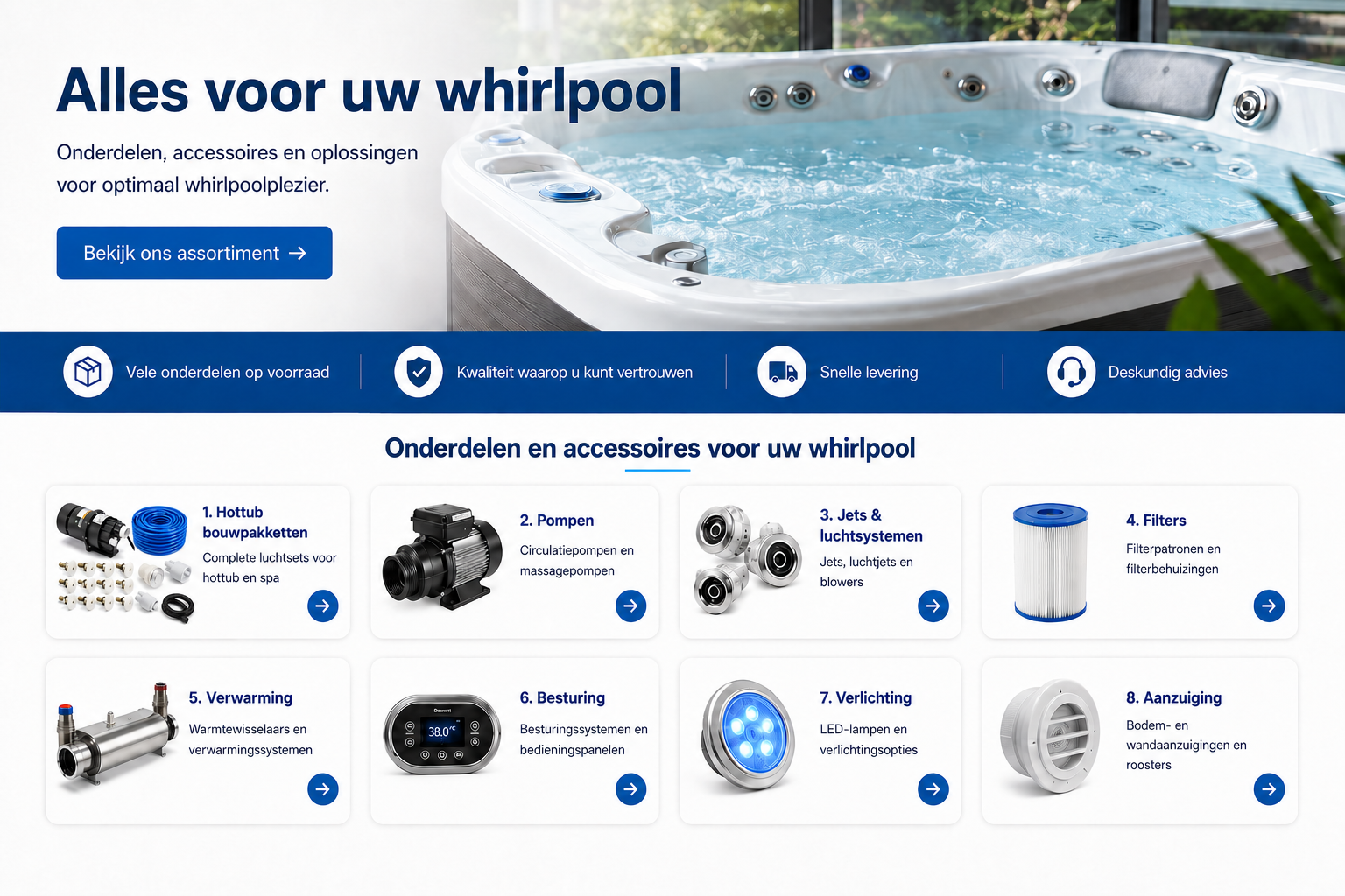 Whirlpoolonderdelen, hottub-bouwpakketten en accessoires